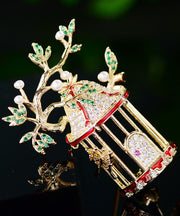 Women Yellow Zircon Crystal Pearl Bird Cage Brooches