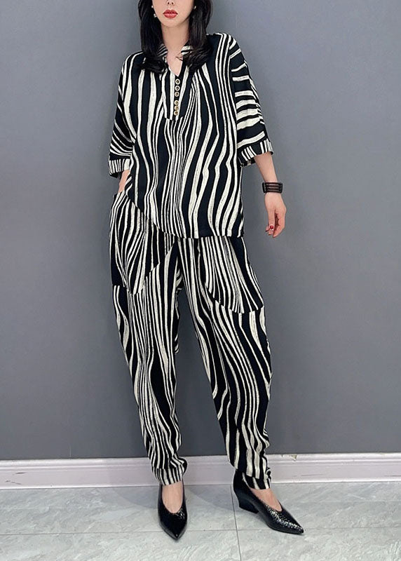 Women Zebra Pattern Pockets Patchwork Cotton Two Pieces Set Summer