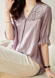 Women light Purple V Neck Ruffled Lace Patchwork Cotton Top Summer