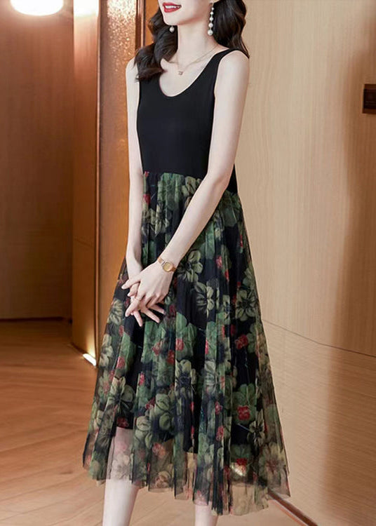 Women Black Print Patchwork Lace Summer Party Dress