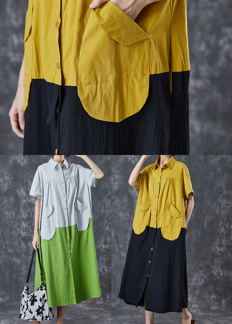 Yellow Black Patchwork Cotton Holiday Dresses Oversized Pockets Summer