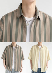 Yellow Button Cotton Mens Shirt Peter Pan Collar Summer