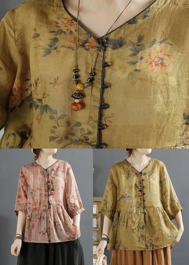 Yellow Button Patchwork Linen Shirts Top V Neck Wrinkled Summer