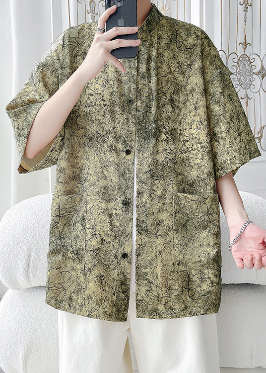 Yellow Button Print Ice Silk Men Shirts Stand Collar Summer