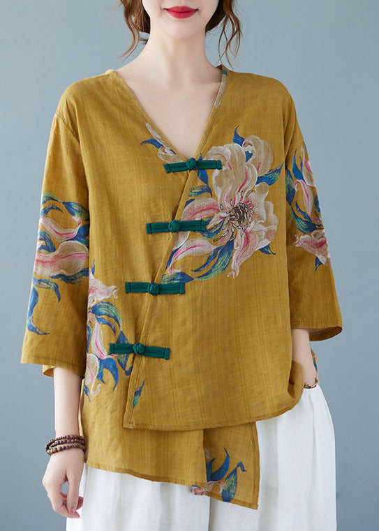 Yellow-Print2 Button Shirt Tops Asymmetrical Half Sleeve