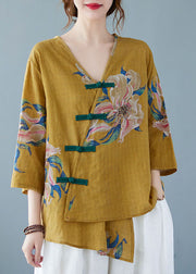 Yellow-Print4 Button Shirt Tops Asymmetrical Half Sleeve