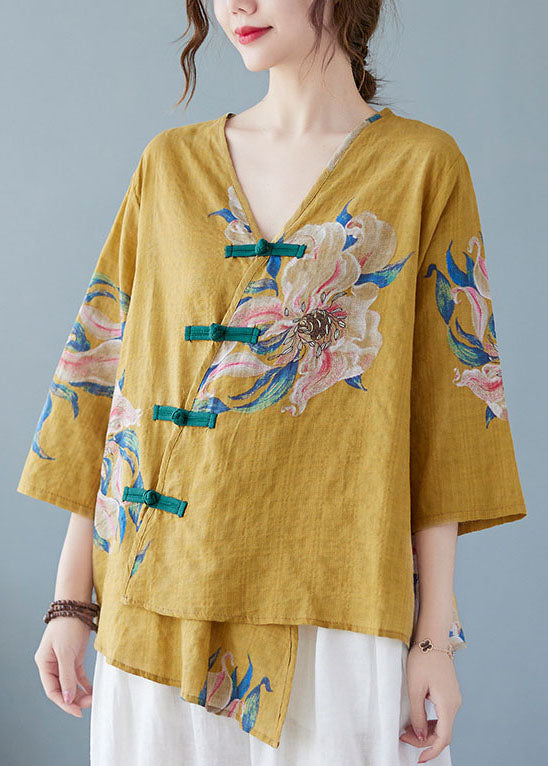 Yellow-Print3 Button Shirt Tops Asymmetrical Half Sleeve