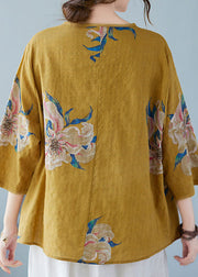 Yellow-Print4 Button Shirt Tops Asymmetrical Half Sleeve