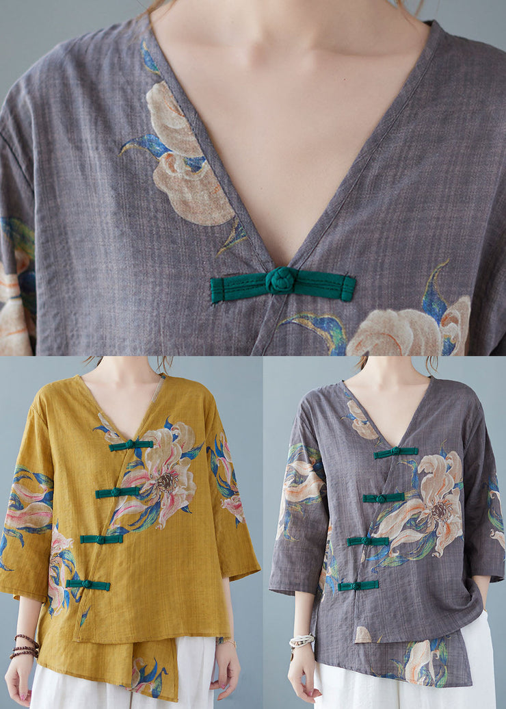 Yellow-Print4 Button Shirt Tops Asymmetrical Half Sleeve