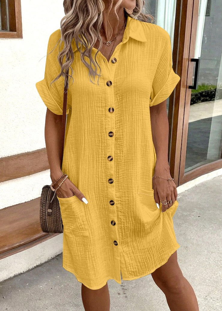 Yellow Button Solid Cotton Dress Peter Pan Collar Short Sleeve