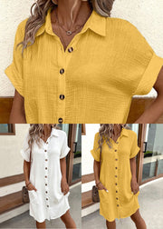 Yellow Button Solid Cotton Dress Peter Pan Collar Short Sleeve