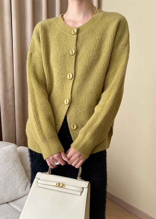 Yellow Cozy Knit Coats O Neck Long Sleeve