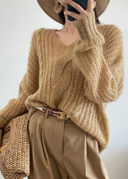 Yellow Cozy Knit Pullover Sweater V Neck Winter