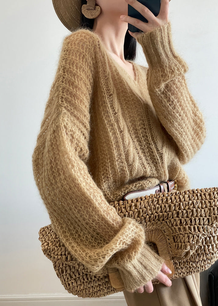 Yellow Cozy Knit Pullover Sweater V Neck Winter