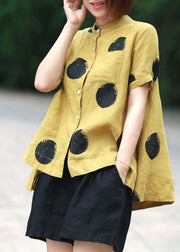 Yellow Dot Print Patchwork Linen Top Button Stand Collar Summer