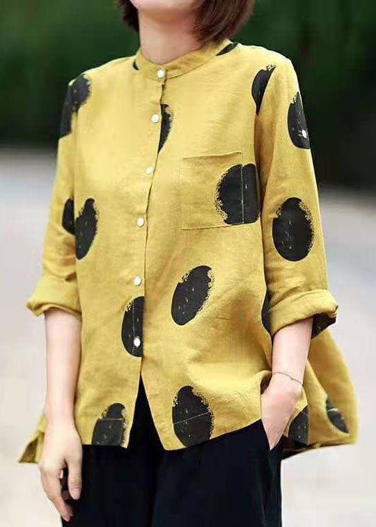 Yellow Dot Print Patchwork Linen Top Button Stand Collar Summer