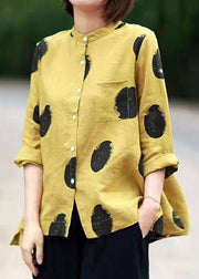 Yellow-geometry Print Patchwork Linen Top Button Stand Collar Summer