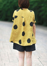 Yellow Dot Print Patchwork Linen Top Button Stand Collar Summer