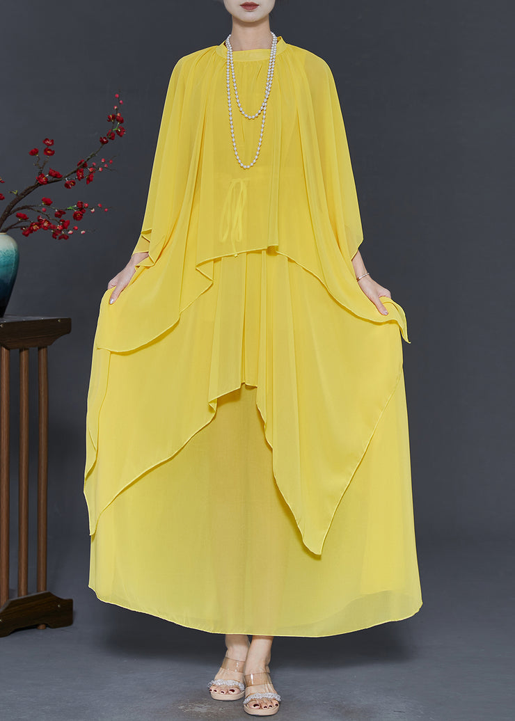 Yellow Draping Chiffon Two Pieces Set Asymmetrical Design Fall