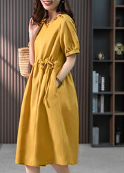 Yellow Drawstring Slim Linen Long Dress Short Sleeve