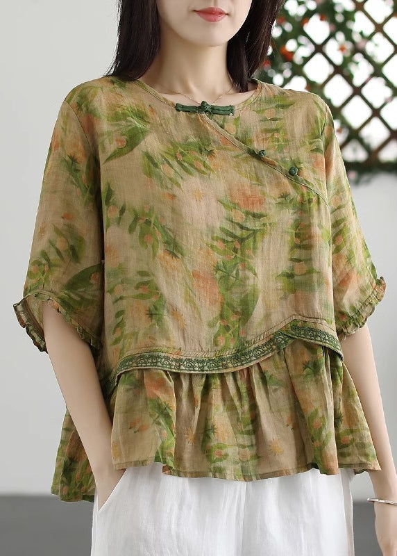 Yellow Embroideried Wrinkled Patchwork Cotton Tops O Neck Summer