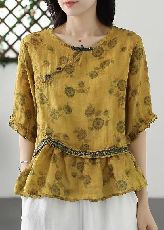 Yellow Embroideried Wrinkled Patchwork Cotton Tops O Neck Summer