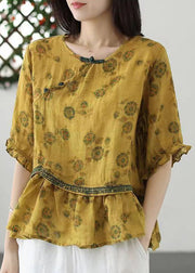 Yellow Embroideried Wrinkled Patchwork Cotton Tops O Neck Summer