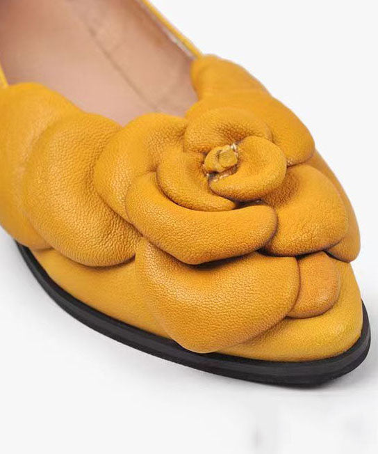 Yellow Floral Cowhide Leather Women Splicing Flat Feet Shoes