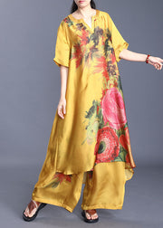 Yellow Floral Print Silk Two Piece Set Asymmetrical Design Short Sleeve