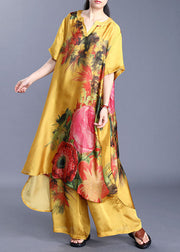 Yellow Floral Print Silk Two Piece Set Asymmetrical Design Short Sleeve