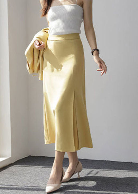 Yellow Front Open Cotton Maxi Skirt Wrinkled Spring