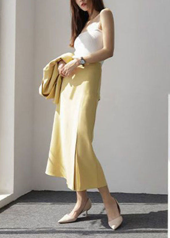 Yellow Front Open Cotton Maxi Skirt Wrinkled Spring