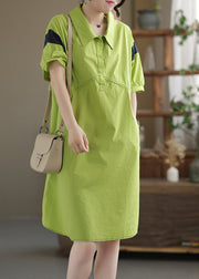 Yellow Green Peter Pan Collar Cotton Mid Dress Short Sleeve