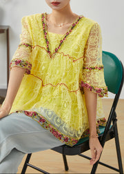 Yellow Hollow Out Lace Shirt Top Ruffled Summer