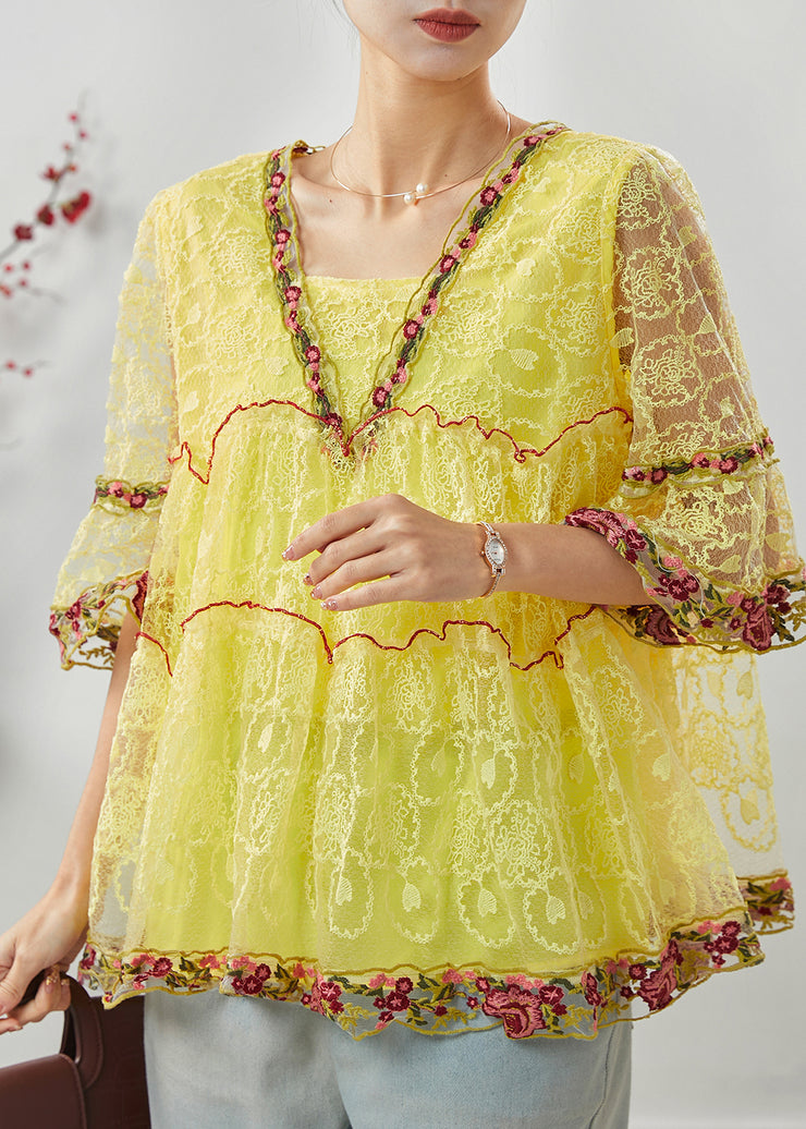 Yellow Hollow Out Lace Shirt Top Ruffled Summer