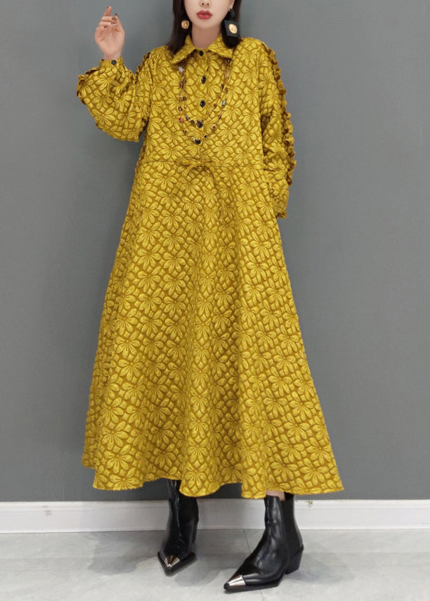 Yellow Jacquard Patchwork Cotton Dresses Ruffled Drawstring Fall