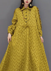 Yellow Jacquard Patchwork Cotton Dresses Ruffled Drawstring Fall