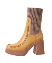 Yellow Knit Fabric Splicing Cowhide Leather Chunky Heel Boots