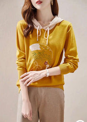 Yellow Lace Up Patchwork Knit Embroideried Long Sleeve