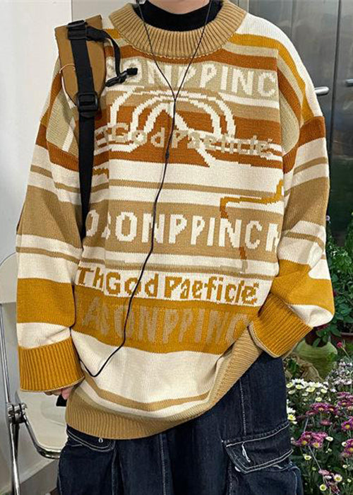 Yellow Letter Cozy Cotton Knit Winter Men Sweater O Neck