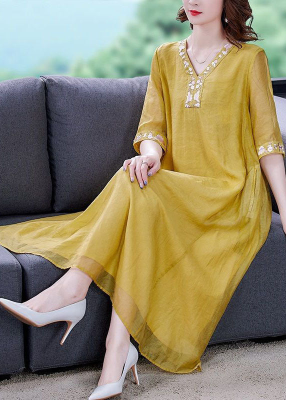 Yellow Linen A Line Dress Embroideried Exra Large Hem Summer