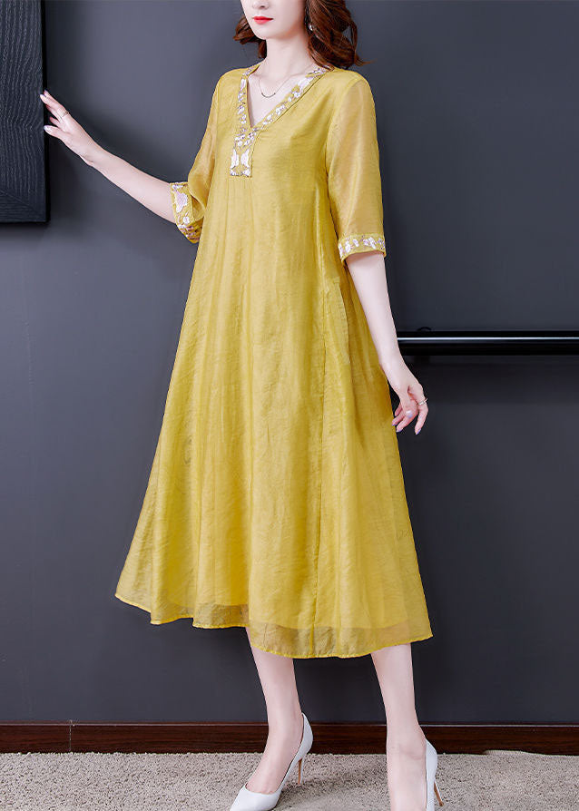 Yellow Linen A Line Dress Embroideried Exra Large Hem Summer