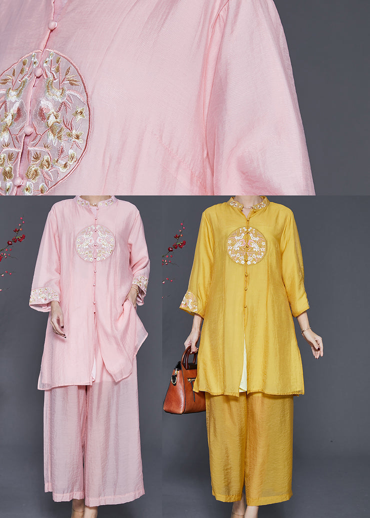 Yellow Linen Silk Two Piece Set Women Clothing Embroidered Spring