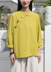 Yellow Low High Design Patchwork Linen Tops Stand Collar Long Sleeve