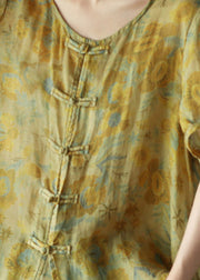 Yellow O-Neck Button Linen Short Sleeve