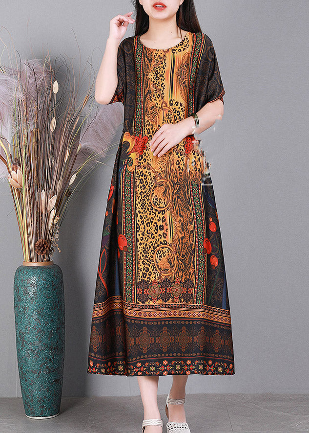 Yellow O-Neck Print Elastic Waist Silk Dresses Short Sleeve