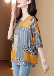 Yellow O-Neck Print Patchwork Silk Tops Half Sleeve