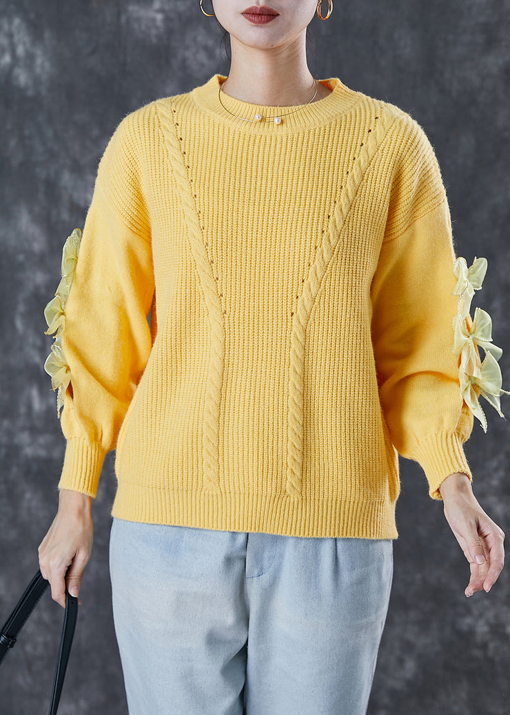 Yellow Patchwork Bow Knit Pullover Thick Winter