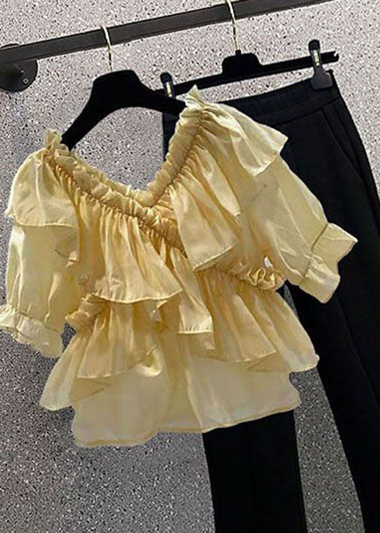 Yellow Patchwork Chiffon Blouses Ruffled V Neck Summer