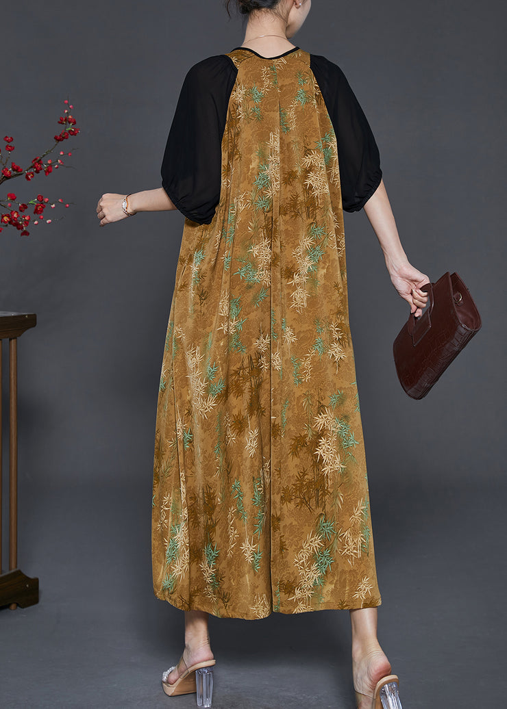 Yellow Patchwork Chiffon Robe Dresses Square Collar Summer